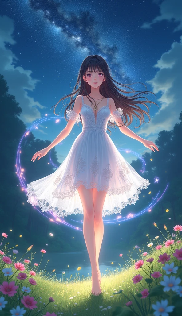 (masterpiece、Highest quality、8k、High resolution)、1 female、Beautiful eyes with slit length、Cute lips、Beautiful Nose、Brownish black hair、smile、(Best anime girl)、Green grassland with forest view、Walking,(Barefoot, off the ground, flying, running, high, high),Colorful flowers blooming in the field,A bright night with the stars clearly visible、milky way、(Mysterious light particles from the whole body、Colorful light particles)、jewelry、necklace、White lace dress、(Beautiful full body style)、Highly detailed anime art、A complete portrayal、