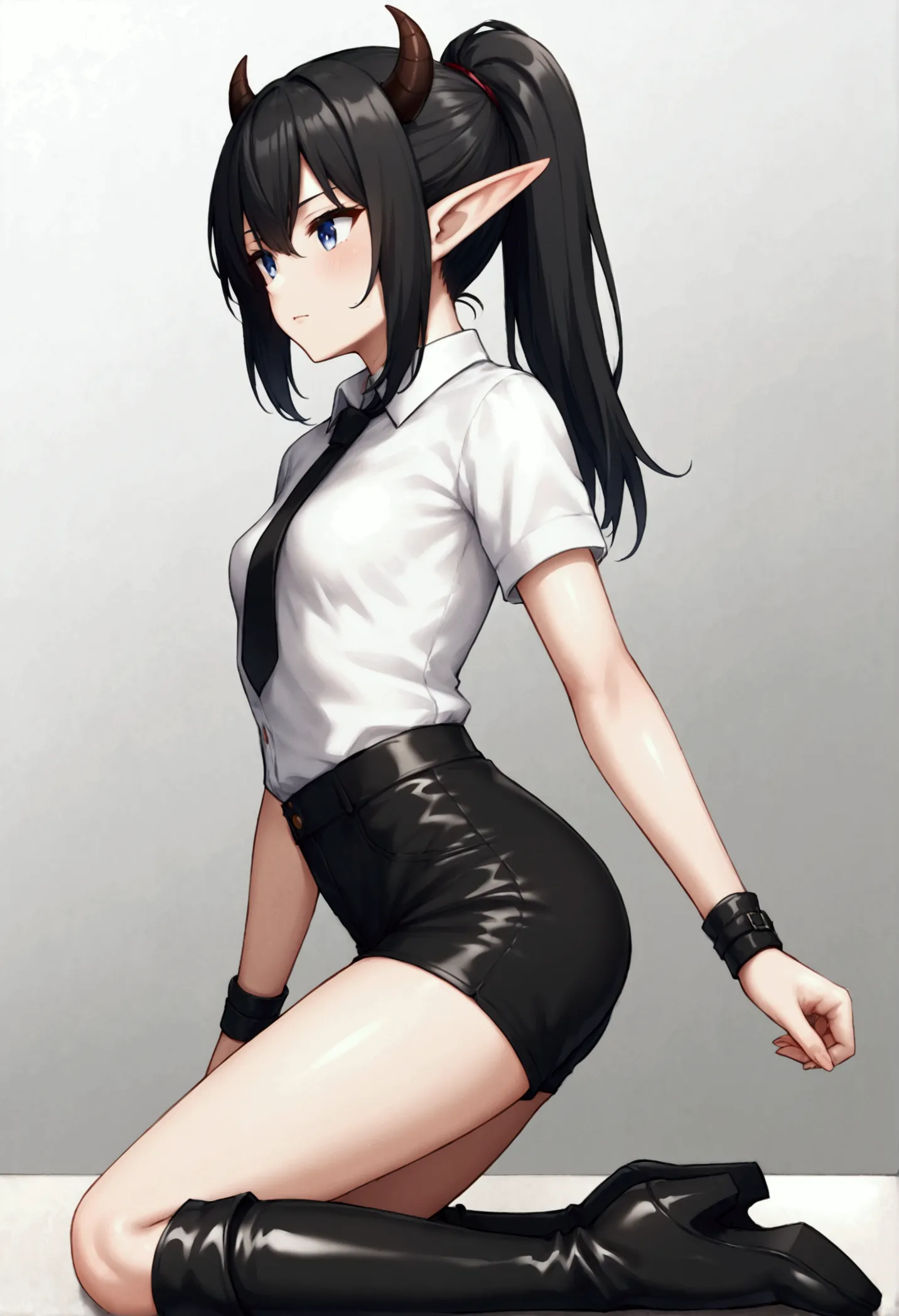 a female elf with small breasts and two horns and black hair ponytail wearing a black short sleeve shirt with black shorts with ...