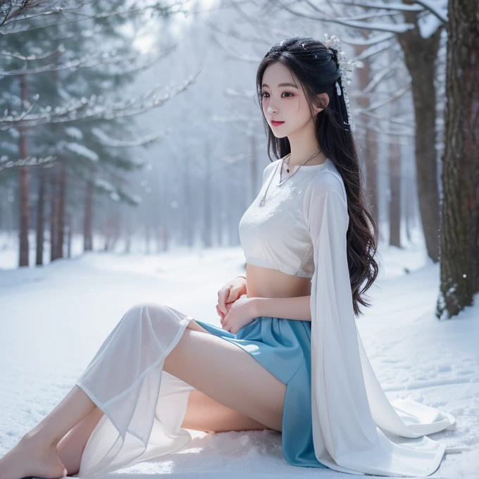 Best image quality，Very detailed，Very high resolution，Perfect body proportions，Works of top photographers。Beautiful Hanfu girl，Long eyelashes，big eyes，Shining eyes，Eye bags，Full lips，Small nose，Happy expression，Sweet，Exquisite makeup，full-body shot，snow White, The legs are thin and straight，Snow-white skin，White embroidered skirt，neckLace，Showing long legs，Lace，Sweet，Long hair flying，best quality，masterpiece，full-body shot，Face Focus，The chest is very prominent，Thin waist，Snow-white belly，belly button，Imagine，Seven-part shooting model: Hanfu, CFG scale: 7, Lola: Future Fashion(0.4)、rainbow(0.4)、Martial Arts(0.2)、Asian face woman-2(0.4)、Poetic fairy tale(0.01)