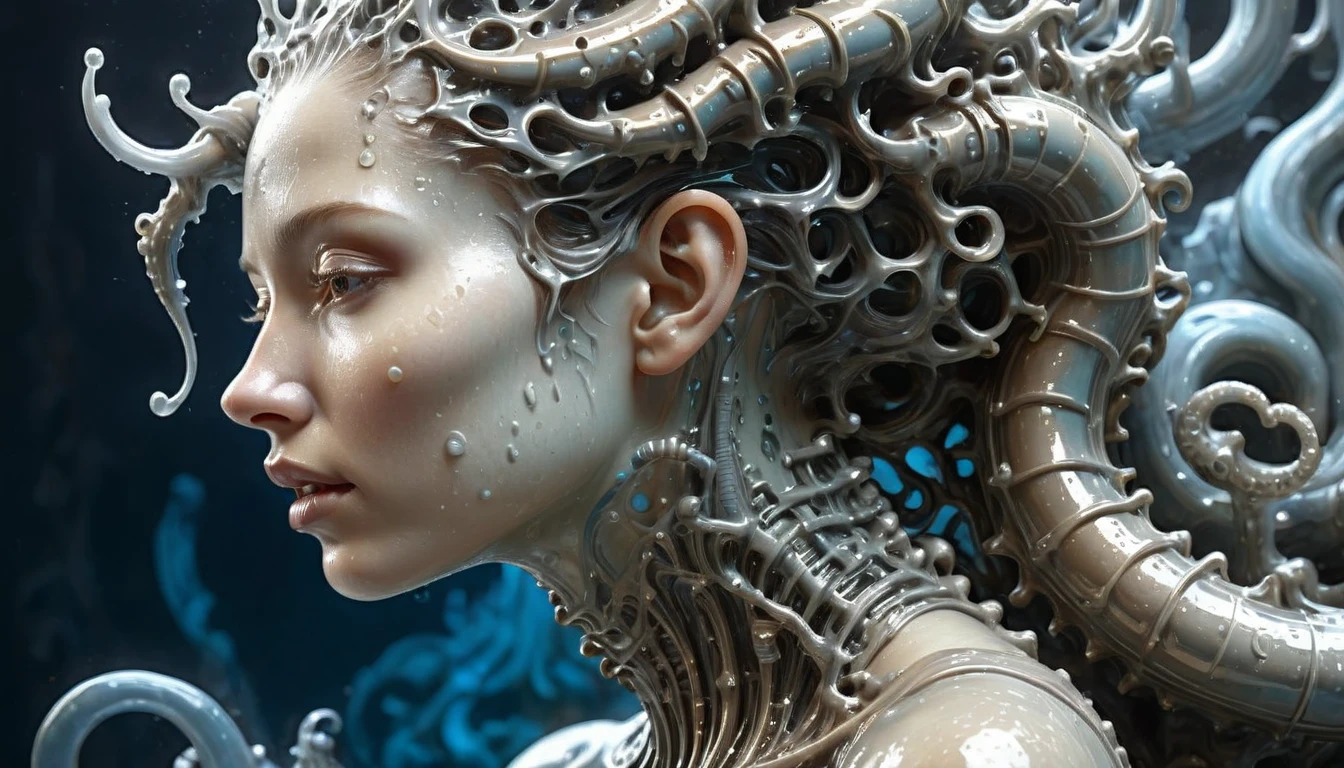 side-view of a beautiful woman in biomechanical style, disgusting wet bronze surface. rembrandt lighting and ambient occlusion. tubes and pipes and crevices. bright rim lighting illuminating the intricate bio technological details of the creature's surface. dark blue background, translucent alabaster waves, fluid formation, whiplash curves, spiral spine, intricately sculpted, baroque energy, necronomicon illustration, glowing, subsurface scattering, otherworldly being