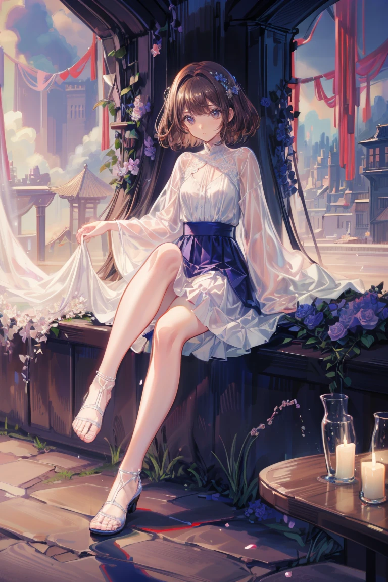 (Highest quality,4K,High resolution,masterpiece:1.2),Very detailed,Realistic:1.37,,(whole body, I can see your feet and your shoes: 1.2),、Anime Style、Storytelling、beautiful、とてもcute天使、Cream dress、cute、Baby Face、Pure、Long skirt、 Delicate facial features,  Vermilion cheeks、青いFlower Field、Flower Field、Dark brown hair、short hair、Transparency、Backwards、Dark brown eyes
