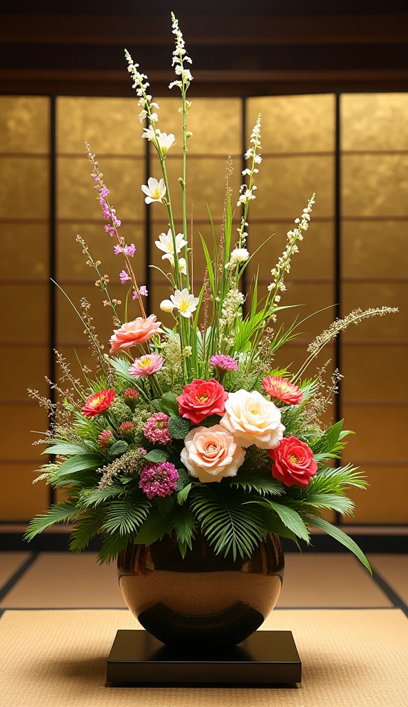 big ikebana, flowers, grasses, trees, stylish ceramic vase, best quality, (masterpiece:1.2), high quality, highres, (hyper detailed), folding screen covered with gold leaf, Japanese-style room