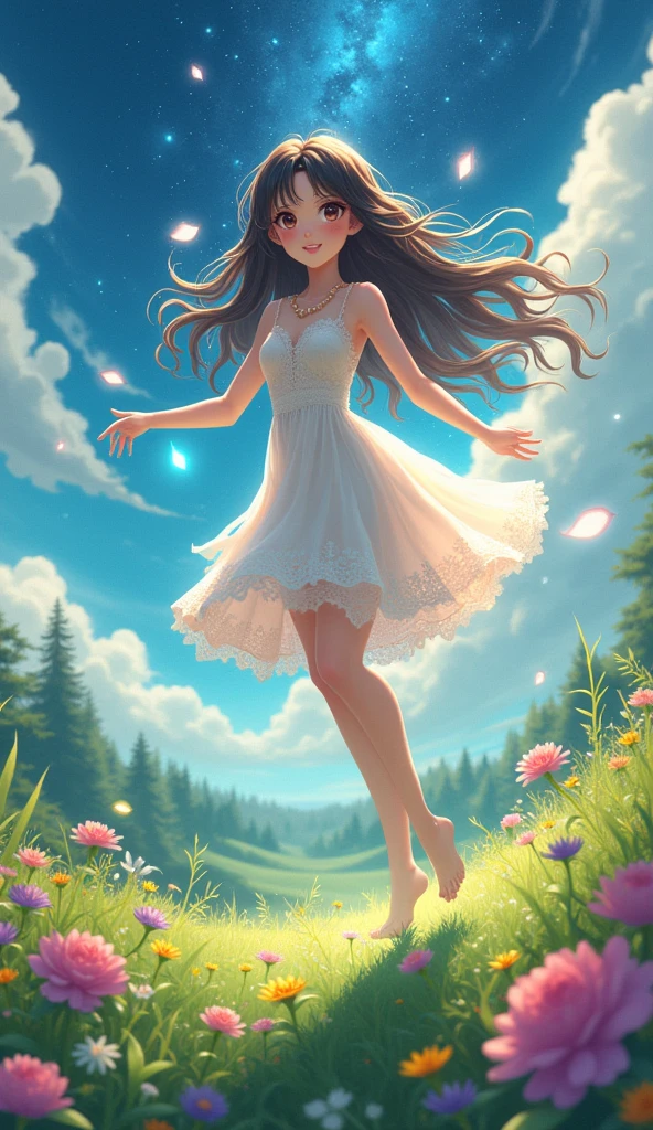 (masterpiece、Highest quality、8k、High resolution)、1 female、Beautiful eyes with slit length、Cute lips、Beautiful Nose、Brownish black hair、smile、(Best anime girl)、Green grassland with forest view、Walking,(Barefoot, off the ground, flying, running, high, high),Fantasy art,Colorful flowers blooming in the field,A bright night with the stars clearly visible、milky way、(Mysterious light particles from the whole body、Colorful light particles)、jewelry、necklace、White lace dress、(Beautiful full body style)、Highly detailed anime art、A complete portrayal、