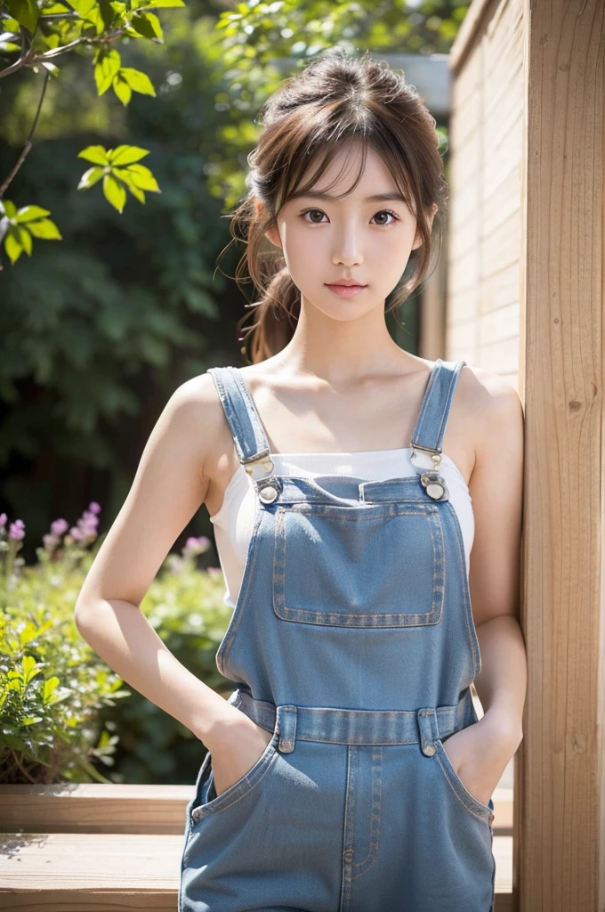 Japanese cute girl wearing overalls over naked body, (overalls over naked body), brown hair, white skin, On the terrace where the strong sunlight shines, (((realistic))), (((High resolution)))