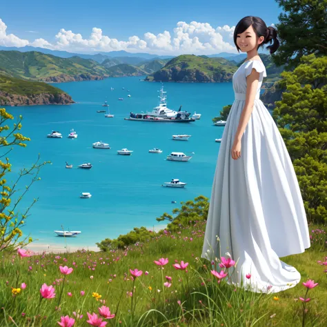 wallpaper, clear face, (masterpiece),  town,  blue sky,  一people々girl, people々々guide in the right direction,  smile,  一people々in...