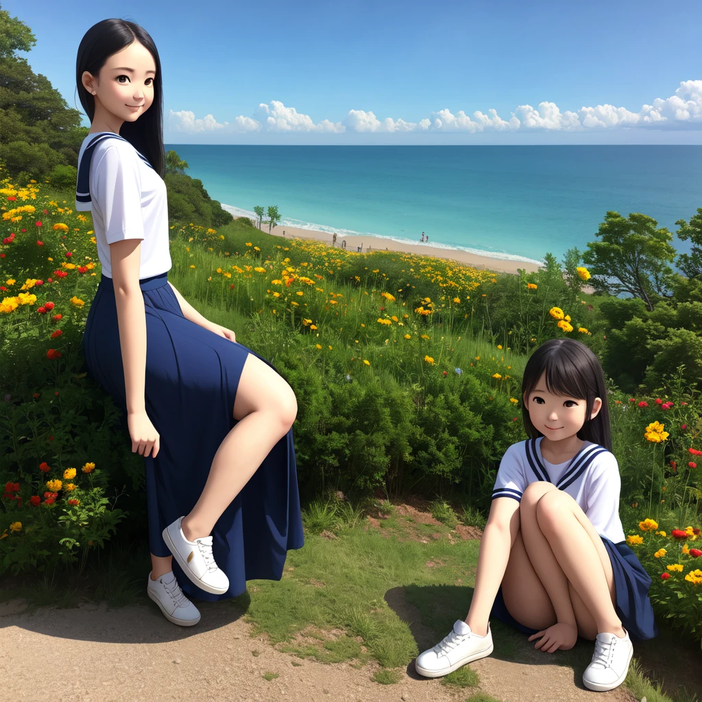 wallpaper, Clear Face, (masterpiece),  town,  blue sky,  一people々Girl, people々々Guide in the right direction,  smile,  一people々in,  Sailor suit、Long skirt,  Overgrown,  petal,  plant、Skirt lining、White slip、nostalgic、pantyhose、You can see the sea in the distance, Crotch close-up