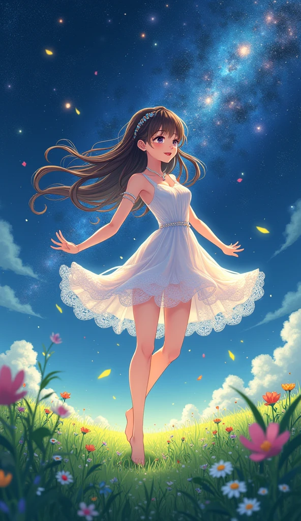 (masterpiece、Highest quality、8k、High resolution)、1 female、Beautiful eyes with slit length、Cute lips、Beautiful Nose、Brownish black hair、smile、(Best anime girl)、Green grassland with forest view、Walking,(Barefoot, off the ground, flying high, high, high, running, running),Fantasy art,Colorful flowers blooming in the field,A bright night with the stars clearly visible、milky way、(Mysterious light particles from the whole body、Colorful light particles)、jewelry、necklace、White lace dress、(Beautiful full body style)、Highly detailed anime art、A complete portrayal、