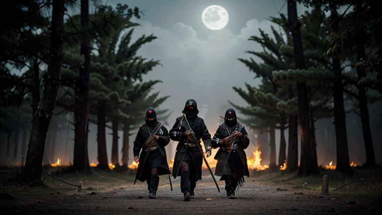 Create a dark and intense image of a clan of Mexican ninjas. The image should show several ninjas together striking ninja poses like in an anime or in an epic arrival in battle in a mysterious nocturnal environment, with a threatening aura. ((Uniforms with acronyms "PDQMG")) Ninjas must wear traditional ninja attire, but with dark touches of Mexican culture, like Mexican skulls with macabre details, stylized skull masks, and dark garments adorned with bones and patterns of death.

The setting must be a nocturnal and sinister environment, remembering Mexico, with elements like a cactus forest under moonlight, ancient and haunted ruins, and a fog that covers the ground. Add cultural details, like Day of the Dead altars with burning candles, crosses and symbols of death, and ghostly mariachis playing funeral music.

The image should have an air of mystery and danger, reflecting the dexterity and lethality of the ninja clan, while incorporating the rich and macabre Mexican culture.