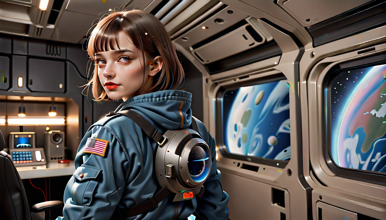 High-quality realistic acrylic art, VIVID COLORS, back point a view, a beautiful vintage european woman with brown straight hair, bangs, looking at the viewer with suspicious face and a shy smile, red lips, she wears sci-fi silver and blue metalic space suit, hands in the waist, dramatic blue red lights, in deep space with a partial planet in orbit