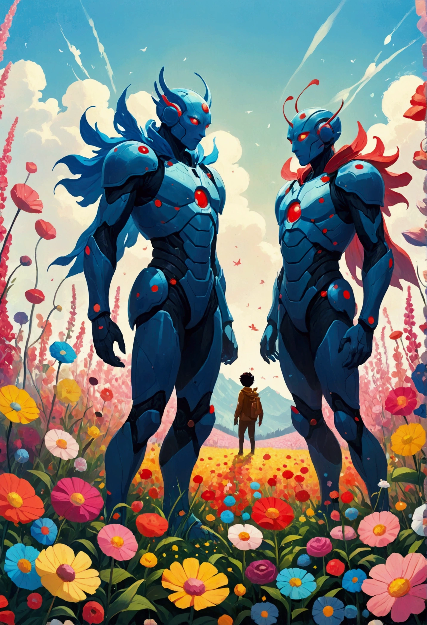 There are two people standing in the flower field, Humanoid creature covered with flowers, anton fadeev and dan mumford, beeple 和 james jean, Jossan Gonzalez and Dan Mumford, Juster Battle, Cyril Rolando and Goro Fujita, Cyril Rolando 和 M. Vacaruta, Cyril Rolando 和 M.Vacaruta