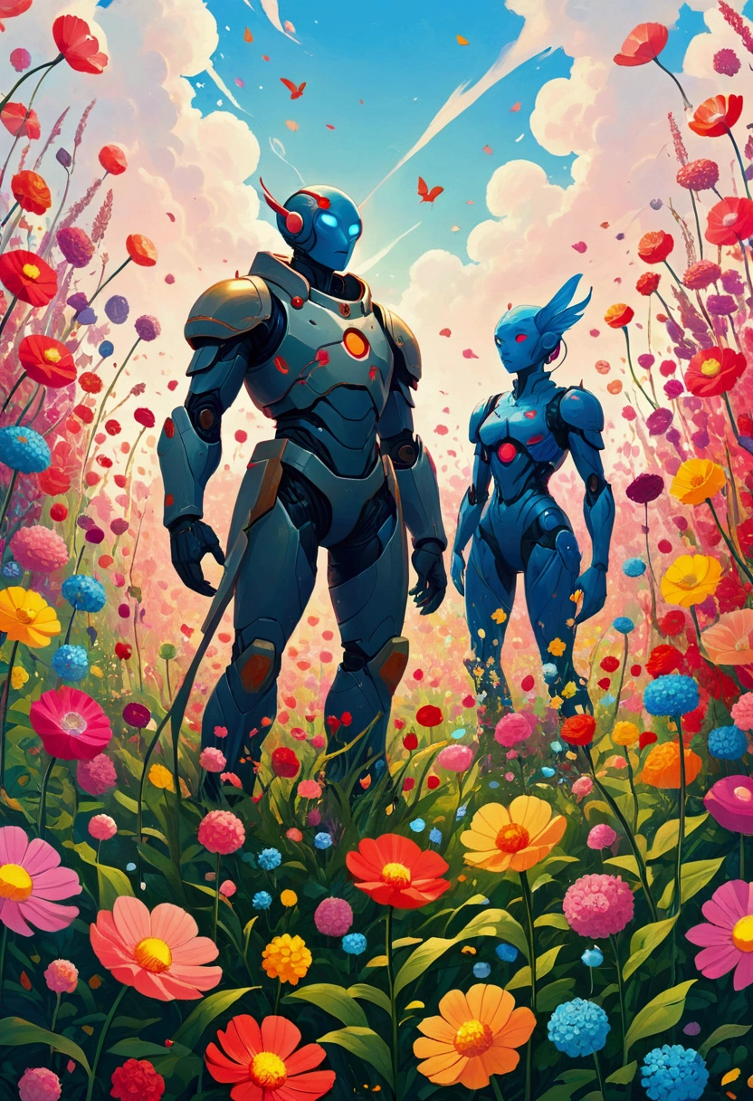 There are two people standing in the flower field, Humanoid creature covered with flowers, anton fadeev and dan mumford, beeple 和 james jean, Jossan Gonzalez and Dan Mumford, Juster Battle, Cyril Rolando and Goro Fujita, Cyril Rolando 和 M. Vacaruta, Cyril Rolando 和 M.Vacaruta