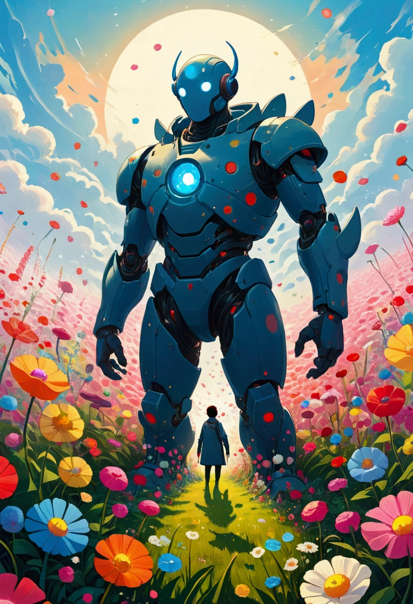 There are two people standing in the flower field, Humanoid creature covered with flowers, anton fadeev and dan mumford, beeple 和 james jean, Jossan Gonzalez and Dan Mumford, Juster Battle, Cyril Rolando and Goro Fujita, Cyril Rolando 和 M. Vacaruta, Cyril Rolando 和 M.Vacaruta