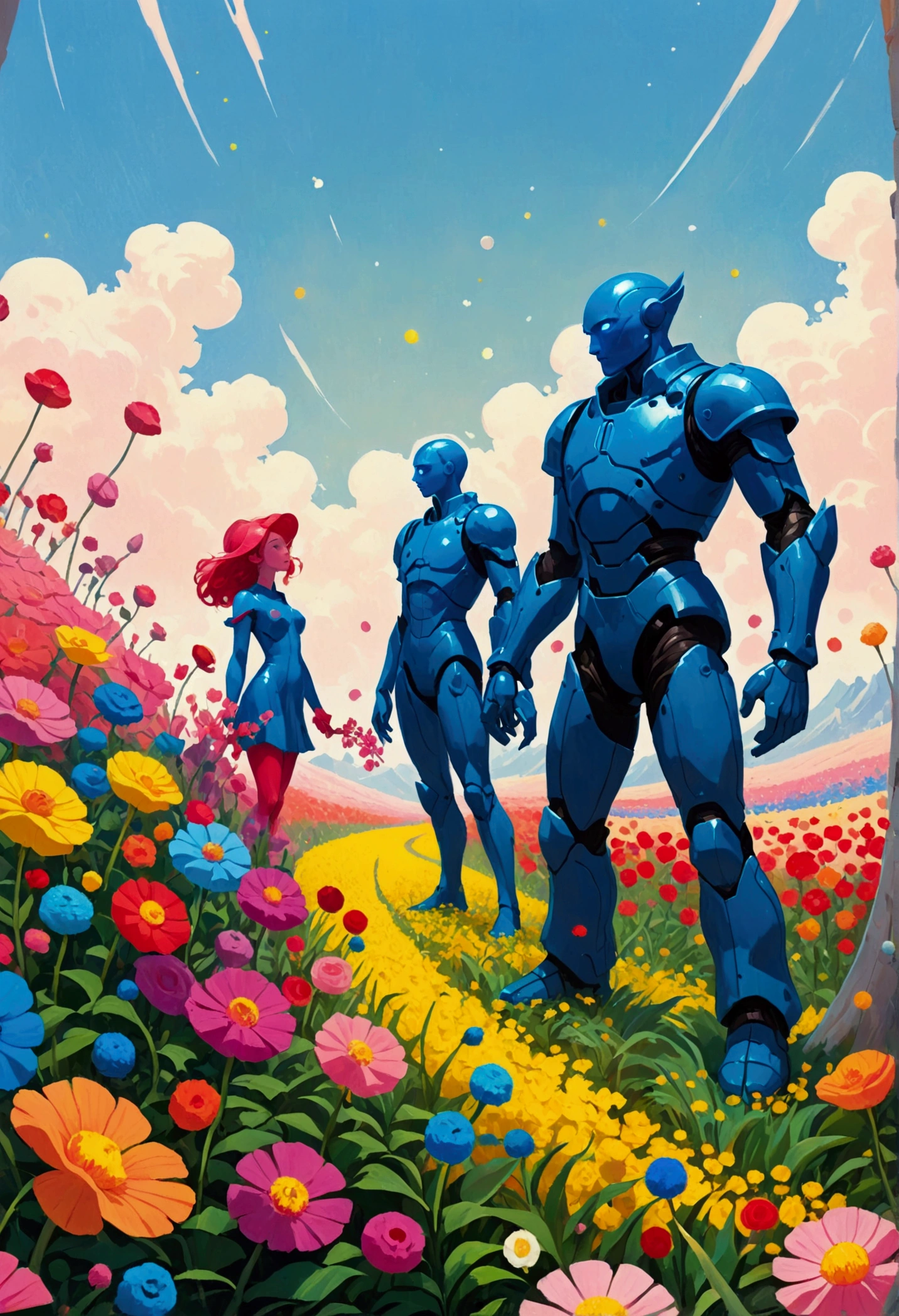 There are two people standing in the flower field, Figures inspired by the Hildebrandt brothers, Winner of the Behance competition, Aestheticism, Humanoid creature covered with flowers, anton fadeev and dan mumford, beeple 和 james jean, Jossan Gonzalez and Dan Mumford, Juster Battle, Cyril Rolando and Goro Fujita