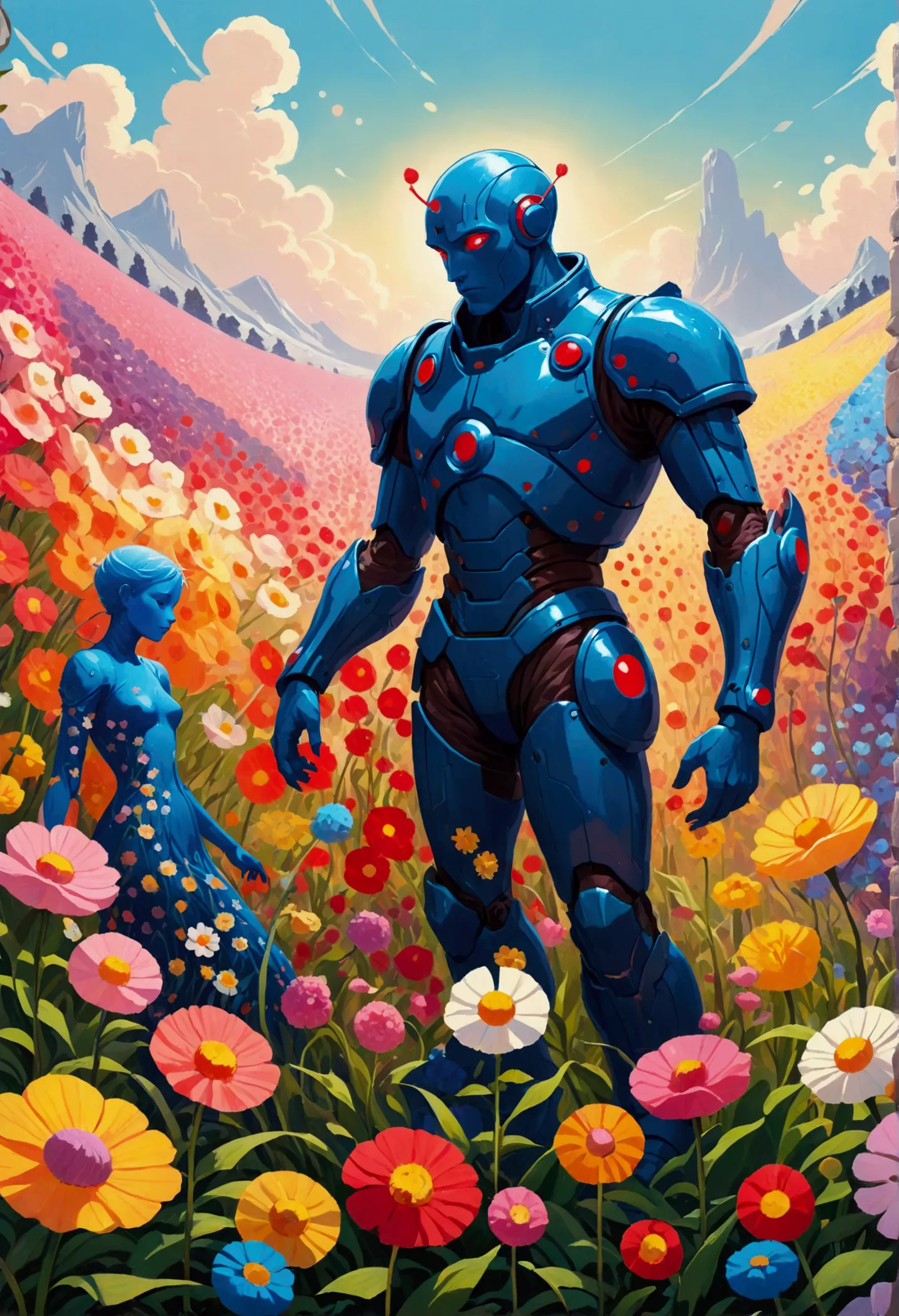 there are two people standing in the flower field, figures inspired by the hildebrandt brothers, winner of the behance competiti...