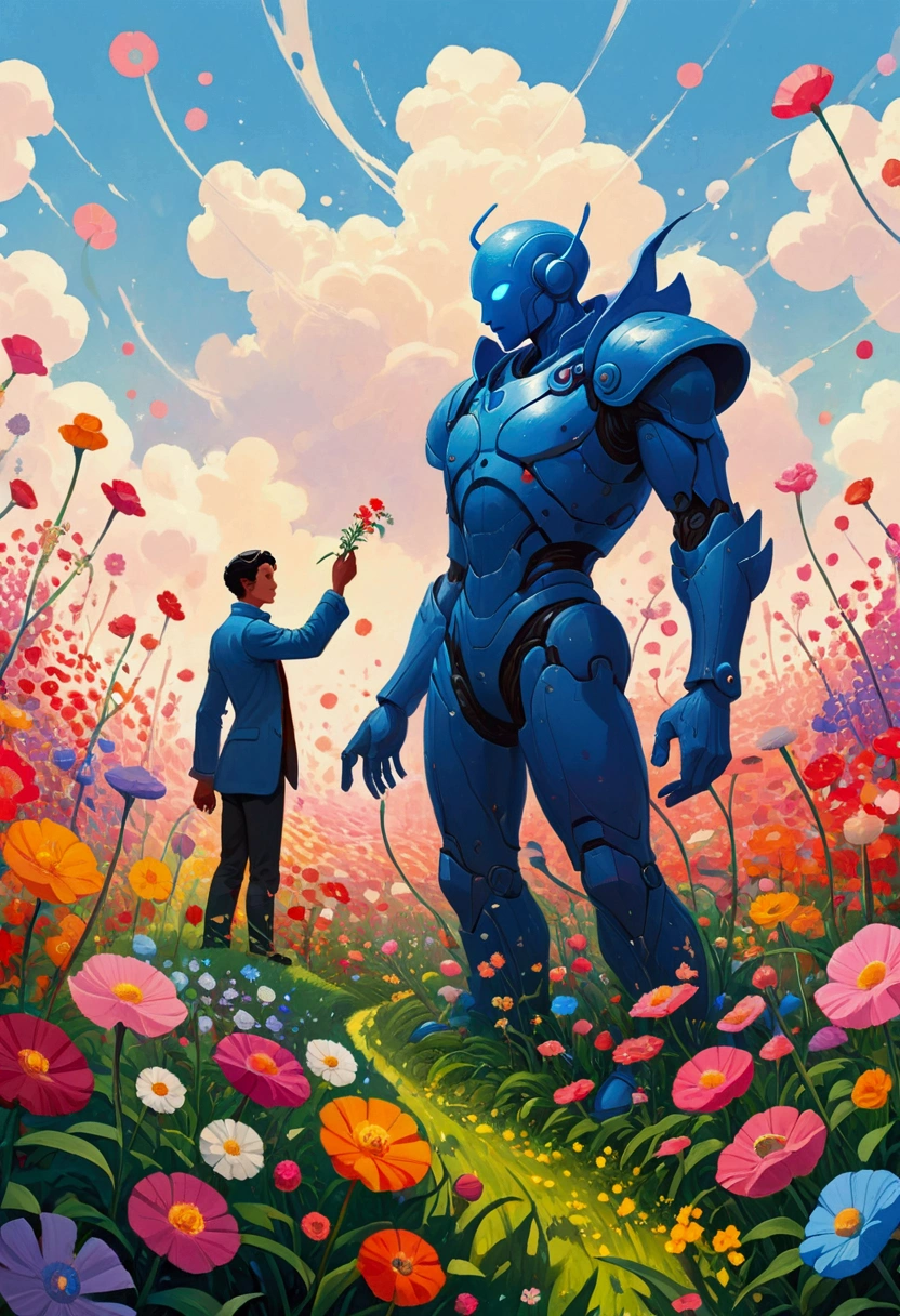 There are two people standing in the flower field, Figures inspired by the Hildebrandt brothers, Winner of the Behance competition, Aestheticism, Humanoid creature covered with flowers, anton fadeev and dan mumford, beeple 和 james jean, Jossan Gonzalez and Dan Mumford, Juster Battle, Cyril Rolando and Goro Fujita