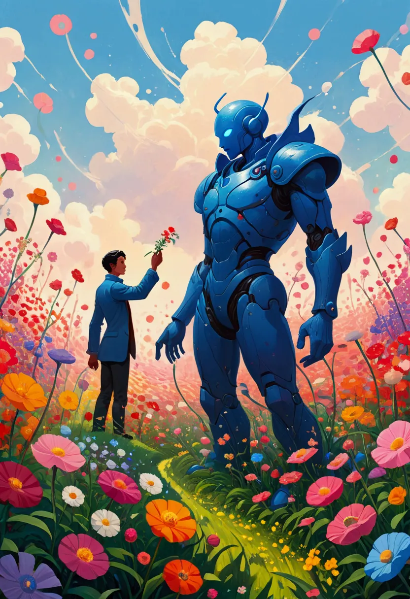 there are two people standing in the flower field, figures inspired by the hildebrandt brothers, winner of the behance competiti...