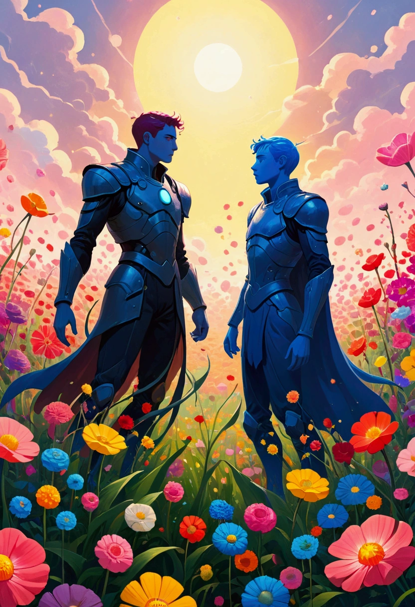 There are two people standing in the flower field, Figures inspired by the Hildebrandt brothers, Winner of the Behance competition, Aestheticism, Humanoid creature covered with flowers, anton fadeev and dan mumford, beeple 和 james jean, Jossan Gonzalez and Dan Mumford, Juster Battle, Cyril Rolando and Goro Fujita