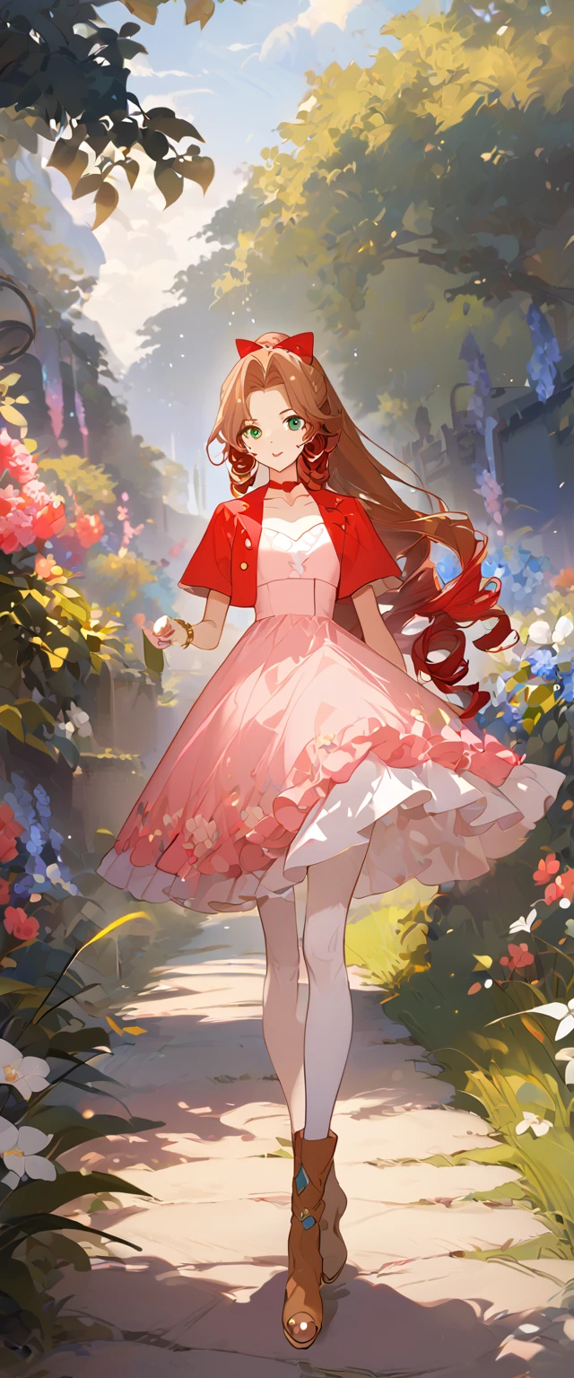 masterpiece, best quality, 8k, 4k, 1girl, aerith gainsborough, brown hair, high middle bang, longer side curly bang, long tight curly ponytail, green eyes, red hair ribbon, red bolero jacket, short sleeve jacket, cropped jacket, black tie choker, long pink straight dress, brown boots, bangles, walking in a garden, flowers, detailed background,, inspired by Asukaziye artist : ask, art style : ask