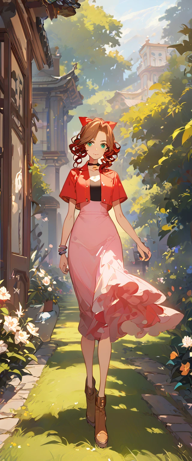 masterpiece, best quality, 8k, 4k, 1girl, aerith gainsborough, brown hair, high middle bang, longer side curly bang, long tight curly ponytail, green eyes, red hair ribbon, red bolero jacket, short sleeve jacket, cropped jacket, black tie choker, long pink straight dress, brown boots, bangles, walking in a garden, flowers, detailed background,, inspired by Asukaziye artist : ask, art style : ask