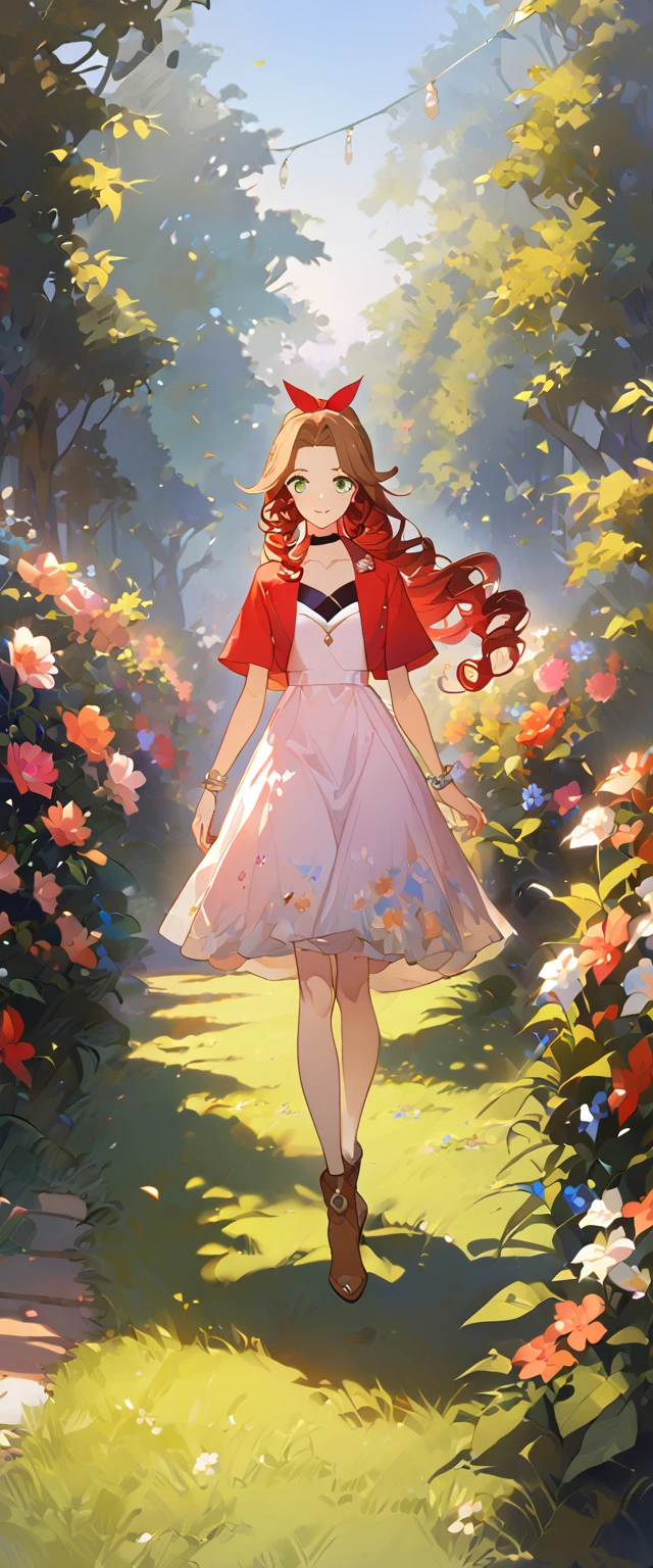 masterpiece, best quality, 8k, 4k, 1girl, aerith gainsborough, brown hair, high middle bang, longer side curly bang, long tight curly ponytail, green eyes, red hair ribbon, red bolero jacket, short sleeve jacket, cropped jacket, black tie choker, long pink straight dress, brown boots, bangles, walking in a garden, flowers, detailed background,, inspired by Asukaziye artist : ask, art style : ask