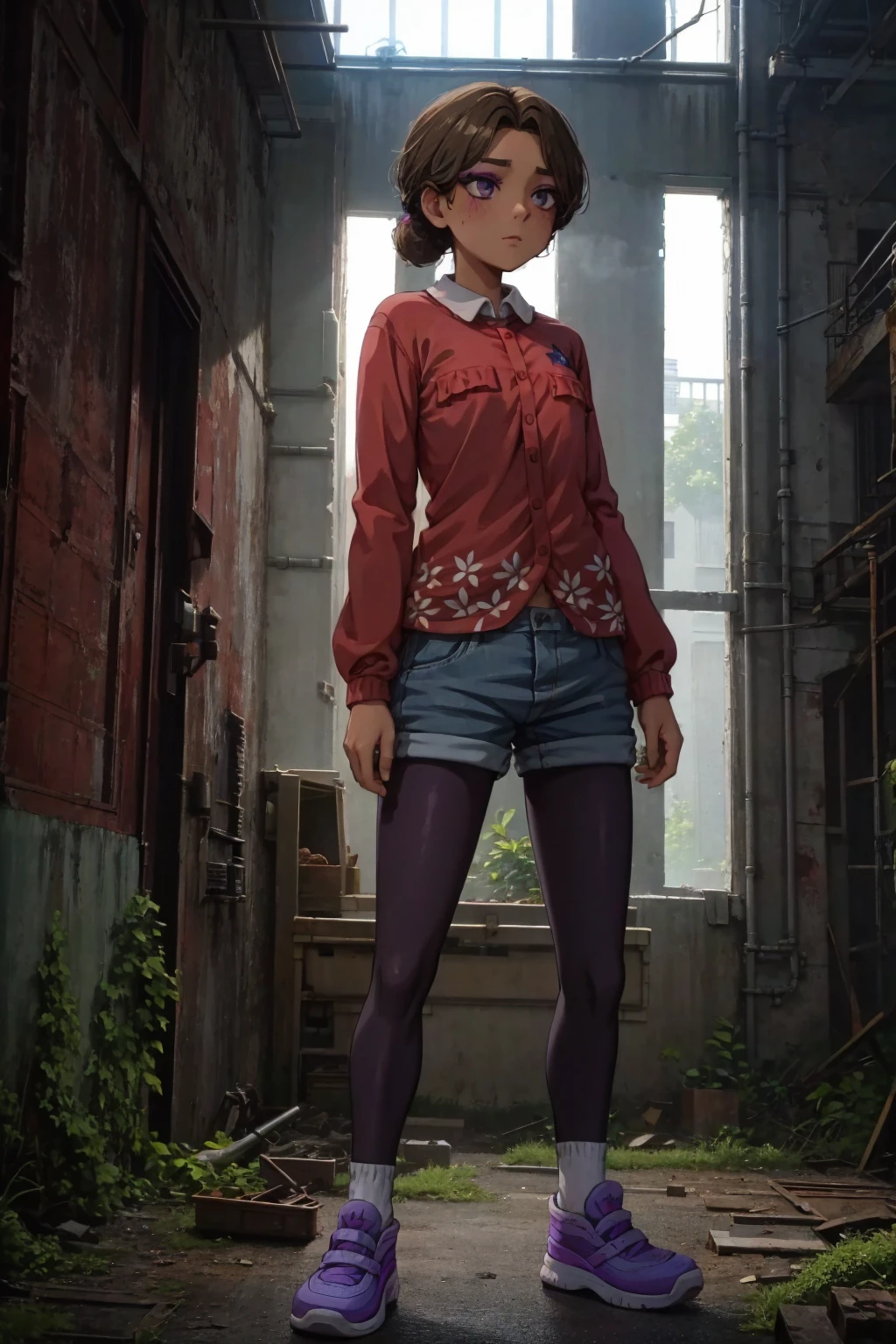 Cassie, Purple Eyeshadow，Red Shirt，shorts，sports shoes，Extra large chest，Breast augmentation，Full body shot of a person standing in an abandoned factory