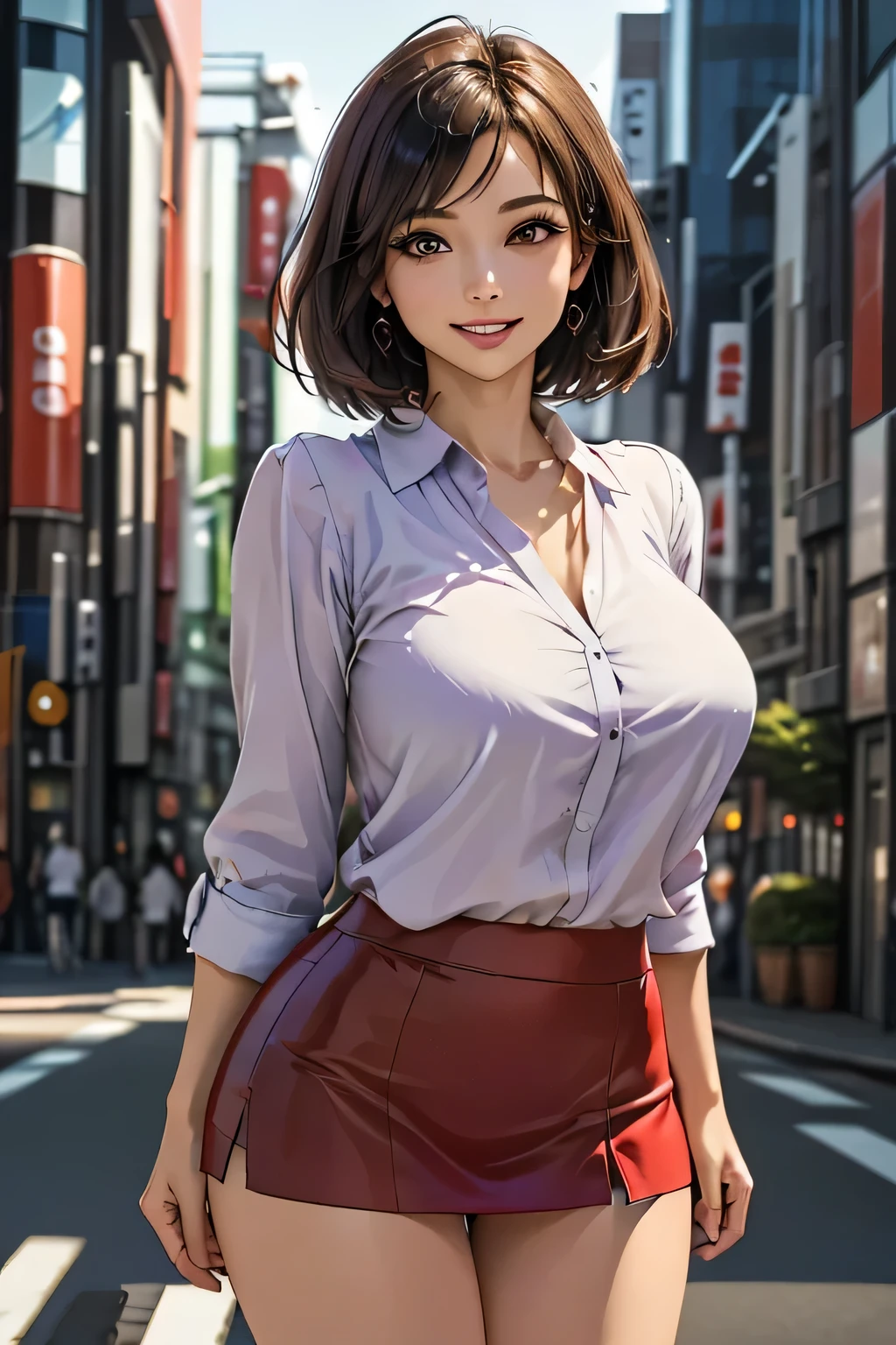 (1 Ultimate Beauty), Very detailedな顔, Beautiful brown eyes, double eyelid, Slightly thick detailed lip, Short black hair, (Light purple blouse:1.2), (Red tight mini skirt:1.4), (Huge breasts), A light smile, (close), Thighs, Perfect lighting, (Realistic:1.4), (Very detailed), (Highest quality), (Best Shadow), (masterpiece), Ultra-high resolution, With background: ((Ginza Art Gallery, Tokyo))