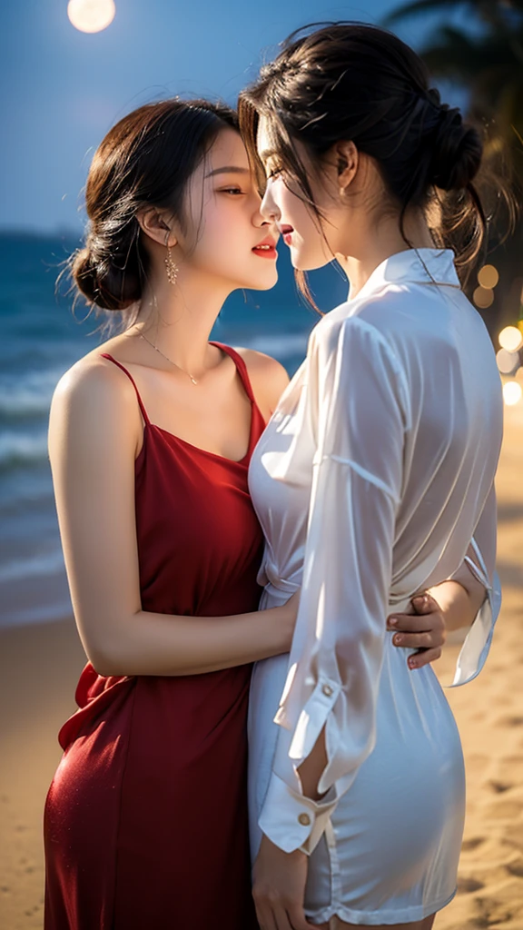 Two attractive women, about 2, are kissing along the beach at night. Their bright, warm smiles are lit by the light of the full moon with a healthy glow. The woman is dressed in an elegant, classy silk blouse.