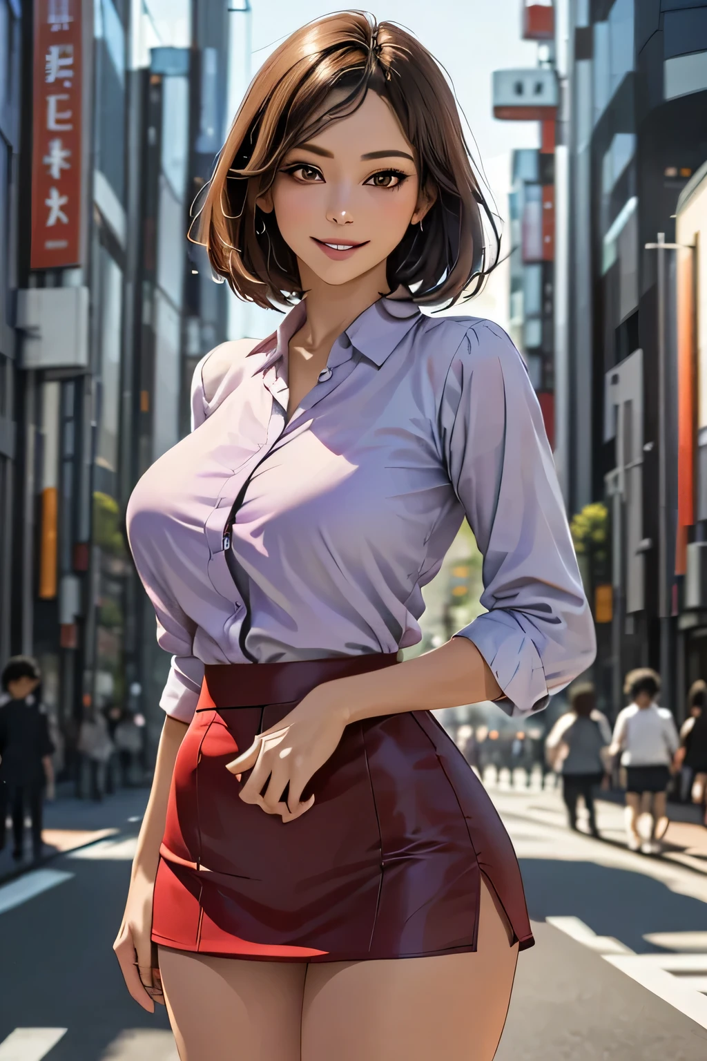 (1 Ultimate Beauty), Very detailedな顔, Beautiful brown eyes, double eyelid, Slightly thick detailed lip, Short black hair, (Light purple blouse:1.2), (Red tight mini skirt:1.4), (Huge breasts), A light smile, (close), Thighs, Perfect lighting, (Realistic:1.4), (Very detailed), (Highest quality), (Best Shadow), (masterpiece), Ultra-high resolution, With background: ((Ginza Art Gallery, Tokyo))