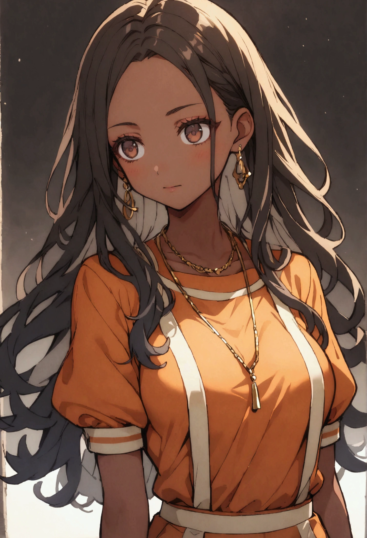 1girl, brown eyes, black hair with blue fade, blue strands in the hair, long hair, skinny waist, medium breasts, tan skin, young girl, brown skin, calm, mature, a gold necklace, wearing a prison outfit(an orange shirt with an orange pants,