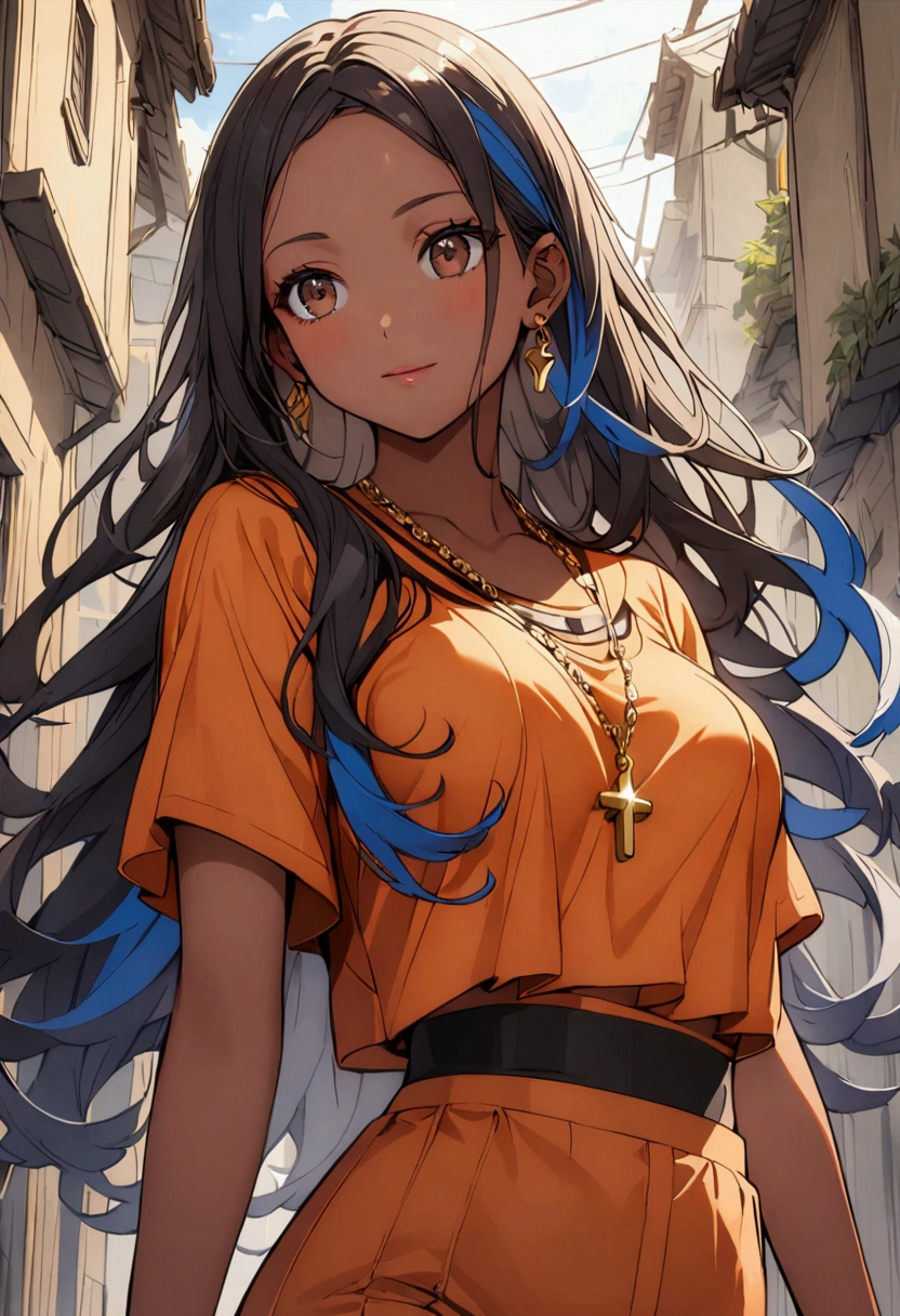 1girl, brown eyes, black hair with blue fade, blue strands in the hair, long hair, skinny waist, medium breasts, tan skin, young girl, brown skin, calm, mature, a gold necklace, wearing a prison outfit(an orange shirt with an orange pants,