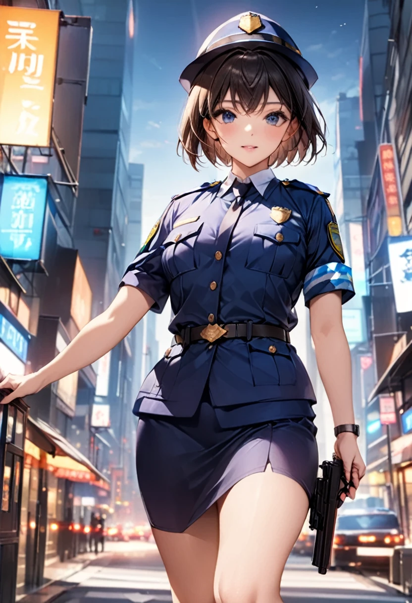 Highest quality、masterpiece、8k、Realistic、超High resolution、Very delicate and beautiful、High resolution、Cinema Lighting、medium range shooting、Perfect female body、Beautiful woman、Mature Woman、Beautiful Eyes、Cityscape、(short hair:1.8、Black Hair)、((Female police officer:1.4、紺色のFemale police officer、Female police officerの制帽、Uniform Buttons、Navy blue tie、Uniform jacket、White gloves))、pantyhose、Pencil Skirt、Stiletto heel pumps、Police Badge、Epaulettes、