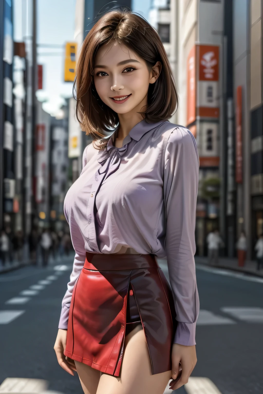 (1 Ultimate Beauty), Very detailedな顔, Beautiful brown eyes, double eyelid, Slightly thick detailed lip, Short black hair, (Light purple blouse:1.2), (Red tight mini skirt:1.4), (Huge breasts), A light smile, (close), Thighs, Perfect lighting, (Realistic:1.4), (Very detailed), (Highest quality), (Best Shadow), (masterpiece), Ultra-high resolution, With background: ((Ginza Art Gallery, Tokyo))