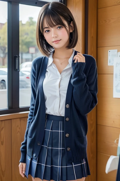 masterpiece, Highest quality, high resolution,High school girl 10.0,Very detailed,Asian Beauty,Open your mouth and laugh,Iris,Natural Beauty,Cinematic,Mid-chest,I am in school.,Showing from knees 10.0,Supple and soft limbs,Narrow eyes and light eye makeup,Smooth under-eye bags,Very detailedなな目と顔,Glossy Lips,Inner thighs,Sparkling eyes,Droopy eyes,(short hair:1.2),(Navy cardigan-style school uniform:1.1),(Navy check skirt:1.1)