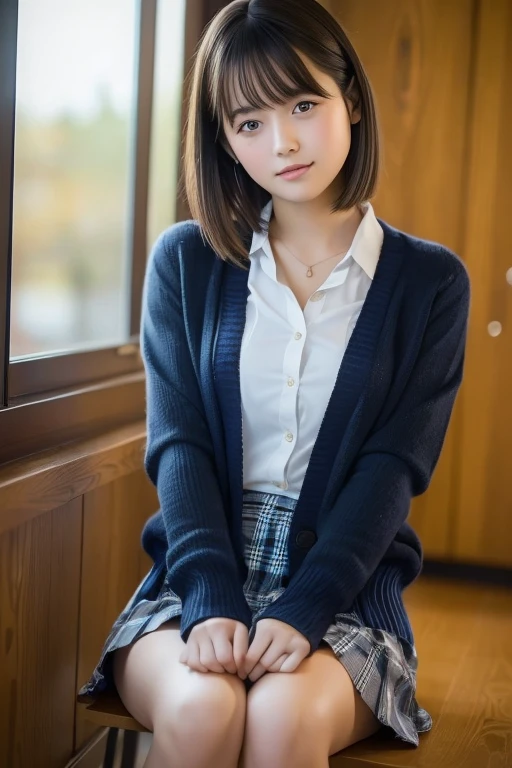 masterpiece, Highest quality, high resolution,High school girl 10.0,Very detailed,Asian Beauty,Open your mouth and laugh,Iris,Natural Beauty,Cinematic,Mid-chest,I am in school.,Showing from knees 10.0,Supple and soft limbs,Narrow eyes and light eye makeup,Smooth under-eye bags,Very detailedなな目と顔,Glossy Lips,Inner thighs,Sparkling eyes,Droopy eyes,(short hair:1.2),(Navy cardigan-style school uniform:1.1),(Navy check skirt:1.1)