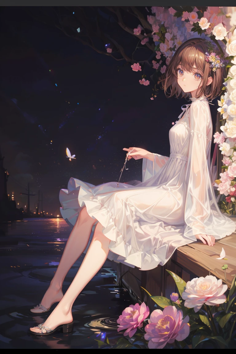 (Highest quality,4K,High resolution,masterpiece:1.2),Very detailed,Realistic:1.37,,(whole body, I can see your feet and your shoes: 1.2),、Anime Style、Storytelling、beautiful、とてもcute天使、Cream dress、cute、Baby Face、Pure、Long skirt、 Delicate facial features,  Vermilion cheeks、青いFlower Field、Flower Field、Dark brown hair、short hair、Transparency、Backwards、Dark brown eyes、Flower Fieldの中たたずむ
