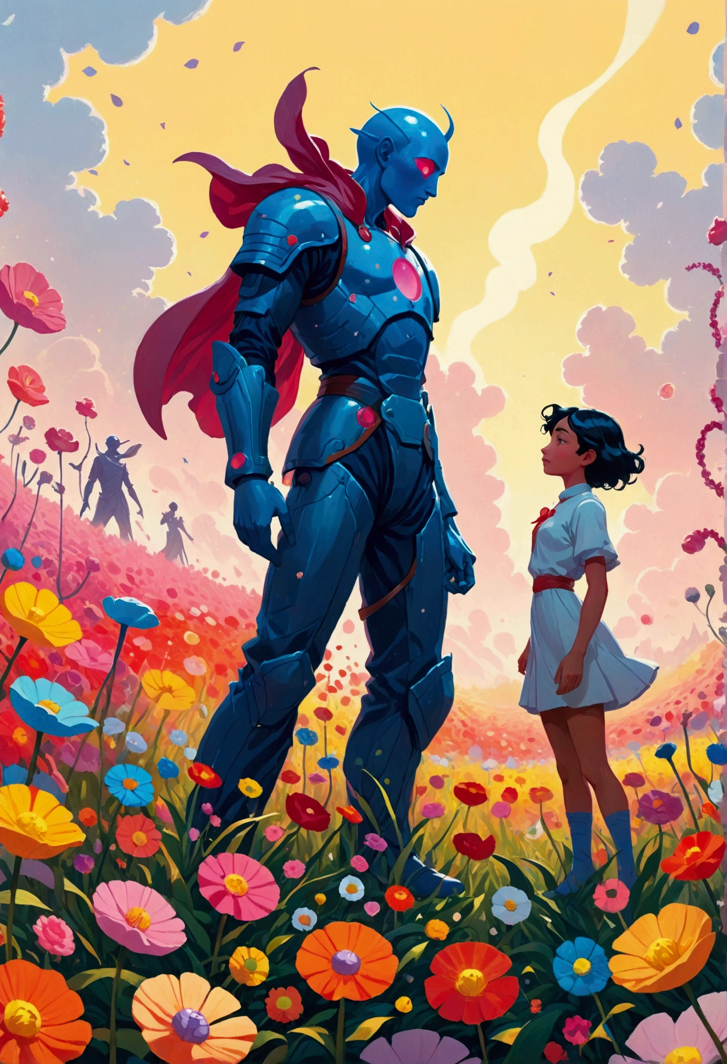 There are two people standing in the flower field, Figures inspired by the Hildebrandt brothers, Winner of the Behance competition, Aestheticism, Humanoid creature covered with flowers, anton fadeev and dan mumford, beeple 和 james jean, Jossan Gonzalez and Dan Mumford, Juster Battle, Cyril Rolando and Goro Fujita