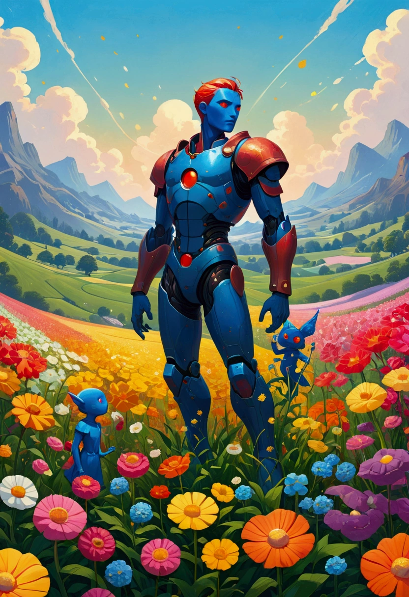 There are two people standing in the flower field, Figures inspired by the Hildebrandt brothers, Winner of the Behance competition, Aestheticism, Humanoid creature covered with flowers, anton fadeev and dan mumford, beeple 和 james jean, Jossan Gonzalez and Dan Mumford, Juster Battle, Cyril Rolando and Goro Fujita