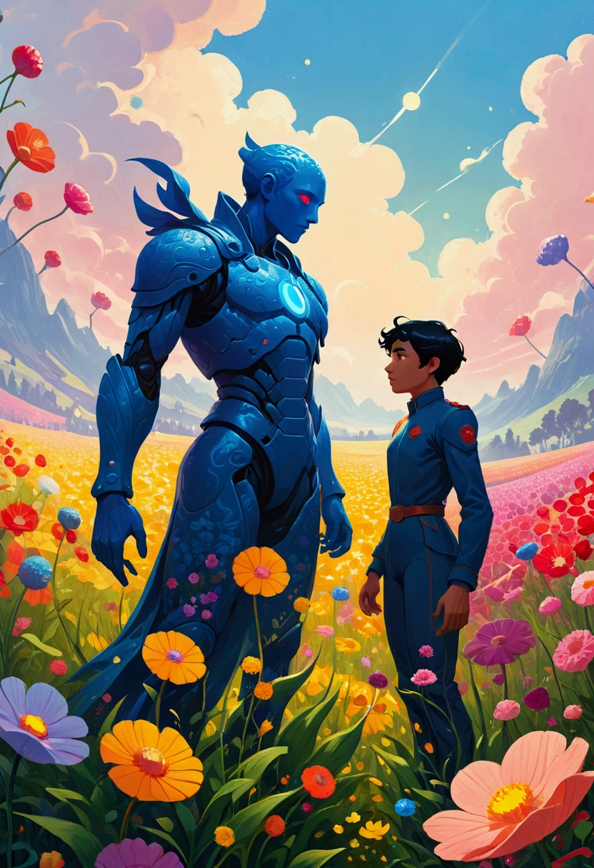 There are two people standing in the flower field, Figures inspired by the Hildebrandt brothers, Winner of the Behance competition, Aestheticism, Humanoid creature covered with flowers, anton fadeev and dan mumford, beeple 和 james jean, Jossan Gonzalez and Dan Mumford, Juster Battle, Cyril Rolando and Goro Fujita