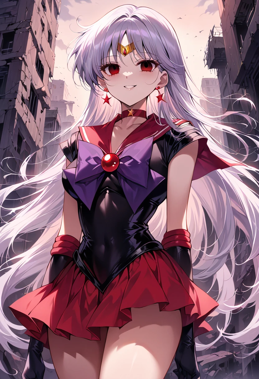 (masterpiece, Highest quality, so beautiful, Very detailed), Intricate details, 12k, Honestly, aamars, long hair,  tiara, earrings, red choker, red sailor collar, purple bowtie, (black shirt:1.1), elbow gloves, black gloves, pleated skirt, red skirt, bare legs, Are standing, Cowboy Shot,,(Wicked Smile:1.2), one person,(Silver Hair:1.4),(empty eyes,:1.4),From below,Watching the dawn,,View your audience,(red eyes:1.2),(Destroyed City),