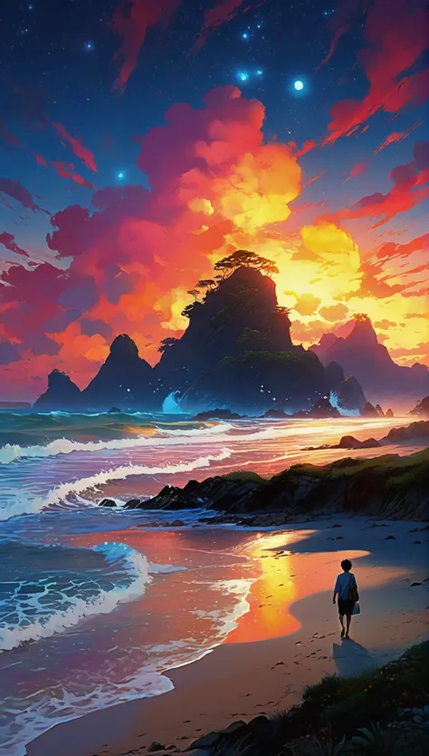 anime - style painting of a man walking on the beach at sunset, 4k highly detailed digital art, beautiful art uhd 4 k, 4k detail...