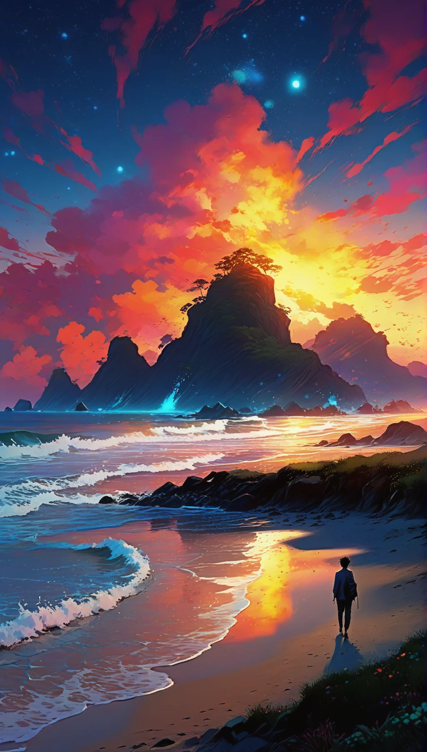 anime - style painting of a man walking on the beach at sunset, 4k highly detailed digital art, beautiful art uhd 4 k, 4k detailed digital art, inspired by Cyril Rolando, anime art wallpaper 4k, anime art wallpaper 4 k, colorful concept art, 4 k hd illustrative wallpaper, 8k stunning artwork, stunning art style