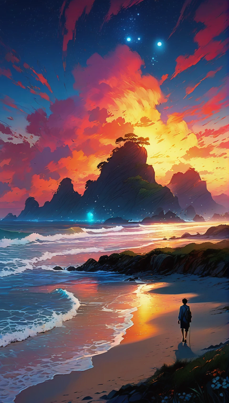 anime - style painting of a man walking on the beach at sunset, 4k highly detailed digital art, beautiful art uhd 4 k, 4k detailed digital art, inspired by Cyril Rolando, anime art wallpaper 4k, anime art wallpaper 4 k, colorful concept art, 4 k hd illustrative wallpaper, 8k stunning artwork, stunning art style