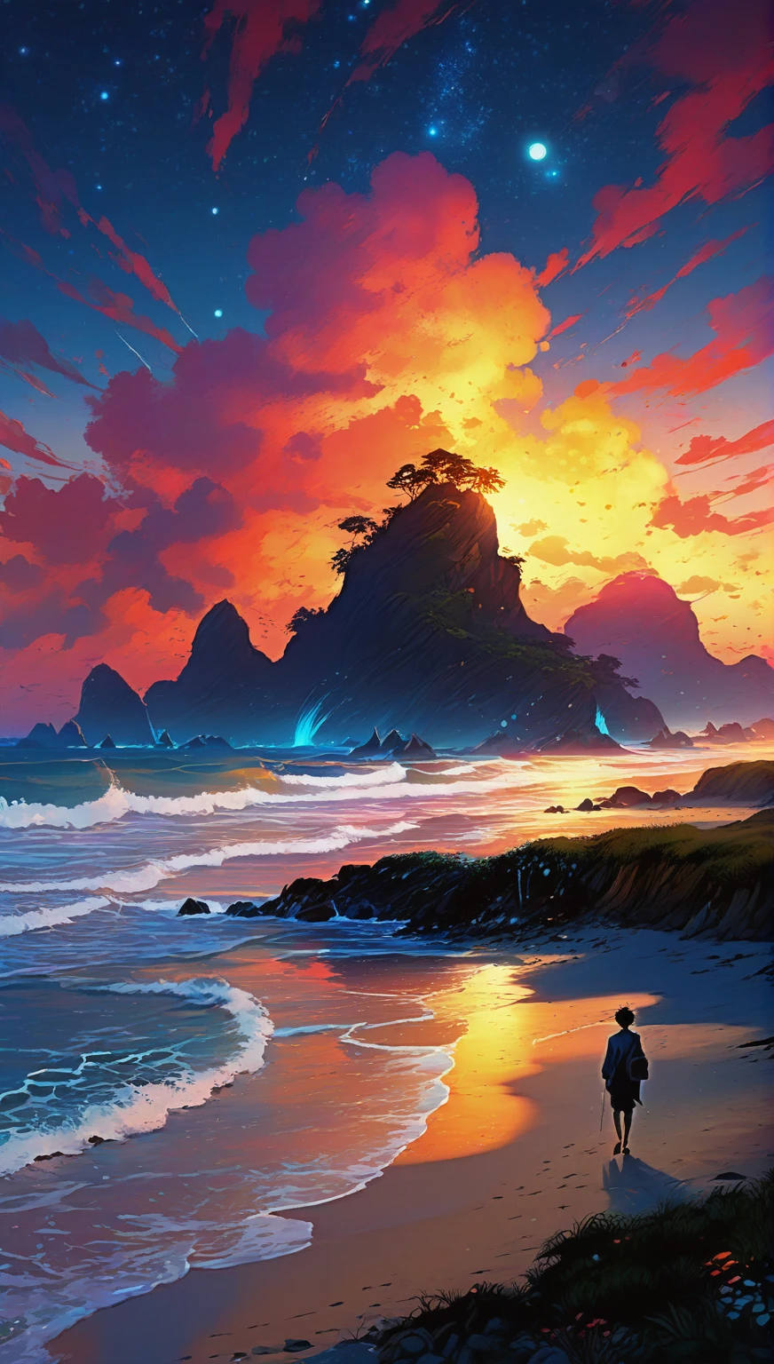 anime - style painting of a man walking on the beach at sunset, 4k highly detailed digital art, beautiful art uhd 4 k, 4k detailed digital art, inspired by Cyril Rolando, anime art wallpaper 4k, anime art wallpaper 4 k, colorful concept art, 4 k hd illustrative wallpaper, 8k stunning artwork, stunning art style