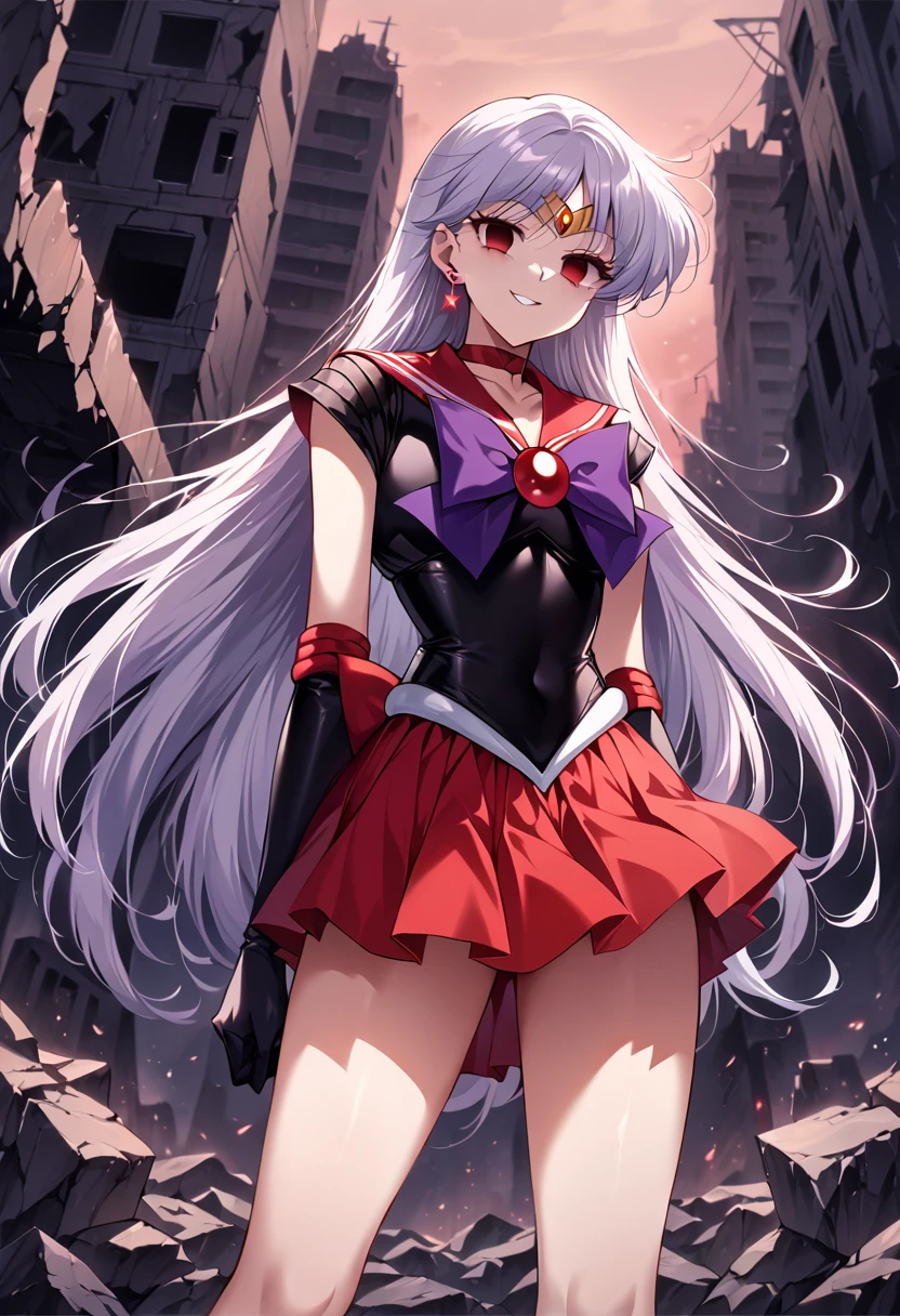 (masterpiece, Highest quality, so beautiful, Very detailed), Intricate details, 12k, Honestly, aamars, long hair,  tiara, earrings, red choker, red sailor collar, purple bowtie, (black shirt:1.1), elbow gloves, black gloves, pleated skirt, red skirt, bare legs, Are standing, (ful body:1.2),,(Wicked Smile:1.2), one person,(Silver Hair:1.4),(empty eyes,:1.4),From below,Watching the dawn,,View your audience,(red eyes:1.2),(Destroyed City),Put one foot on the rubble