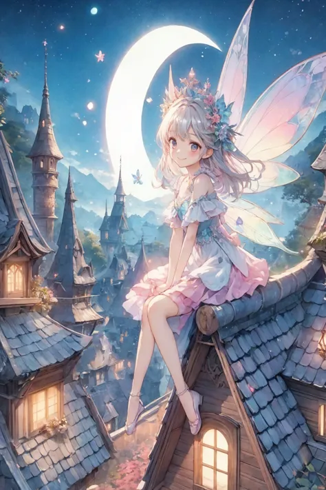 anime girl with fairy wings sitting on the roof of a house, beautiful fantasy anime, anime fantasy illustration, anime fantasy a...