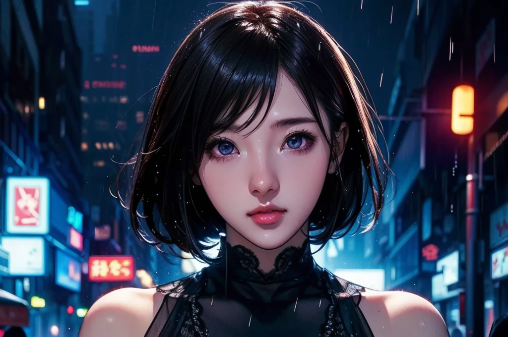 1 girl, black  dress, Best Illustrations, Blue LED light, high tech, Ultra-high resolution, 32K, (detailed:1.4), Cyberpunk City Background, Rainy Street, Beautiful Face, Professional Lighting, masterpiece, Very delicate and beautiful, Professional photos,