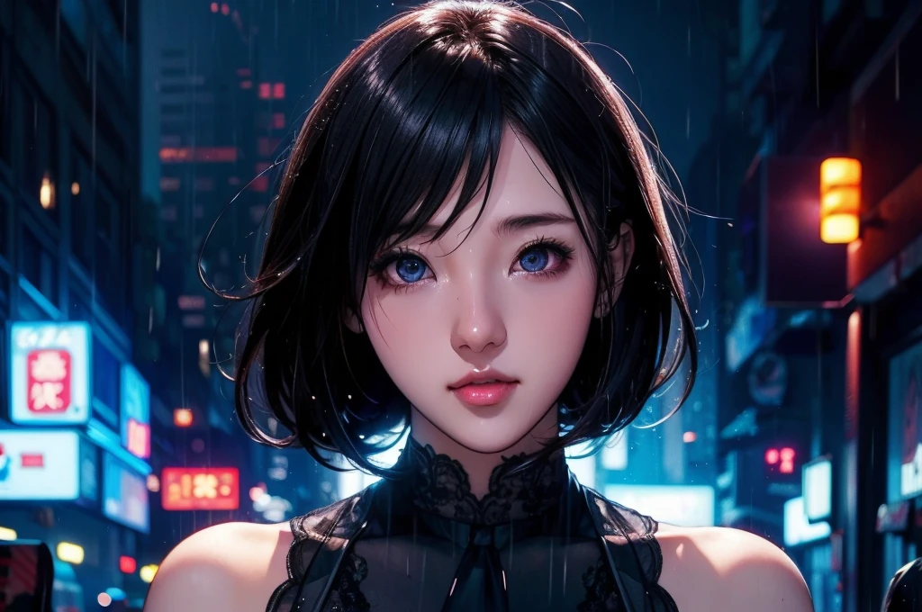 1 girl, black  dress, Best Illustrations, Blue LED light, high tech, Ultra-high resolution, 32K, (detailed:1.4), Cyberpunk City Background, Rainy Street, Beautiful Face, Professional Lighting, masterpiece, Very delicate and beautiful, Professional photos,