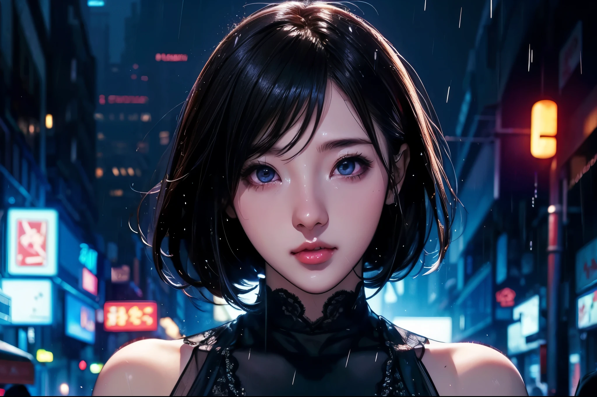 1 girl, black  dress, Best Illustrations, Blue LED light, high tech, Ultra-high resolution, 32K, (detailed:1.4), Cyberpunk City Background, Rainy Street, Beautiful Face, Professional Lighting, masterpiece, Very delicate and beautiful, Professional photos,