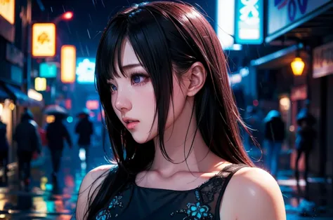 1 girl, black  dress, best illustrations, blue led light, high tech, ultra-high resolution, 32k, (detailed:1.4), cyberpunk city ...