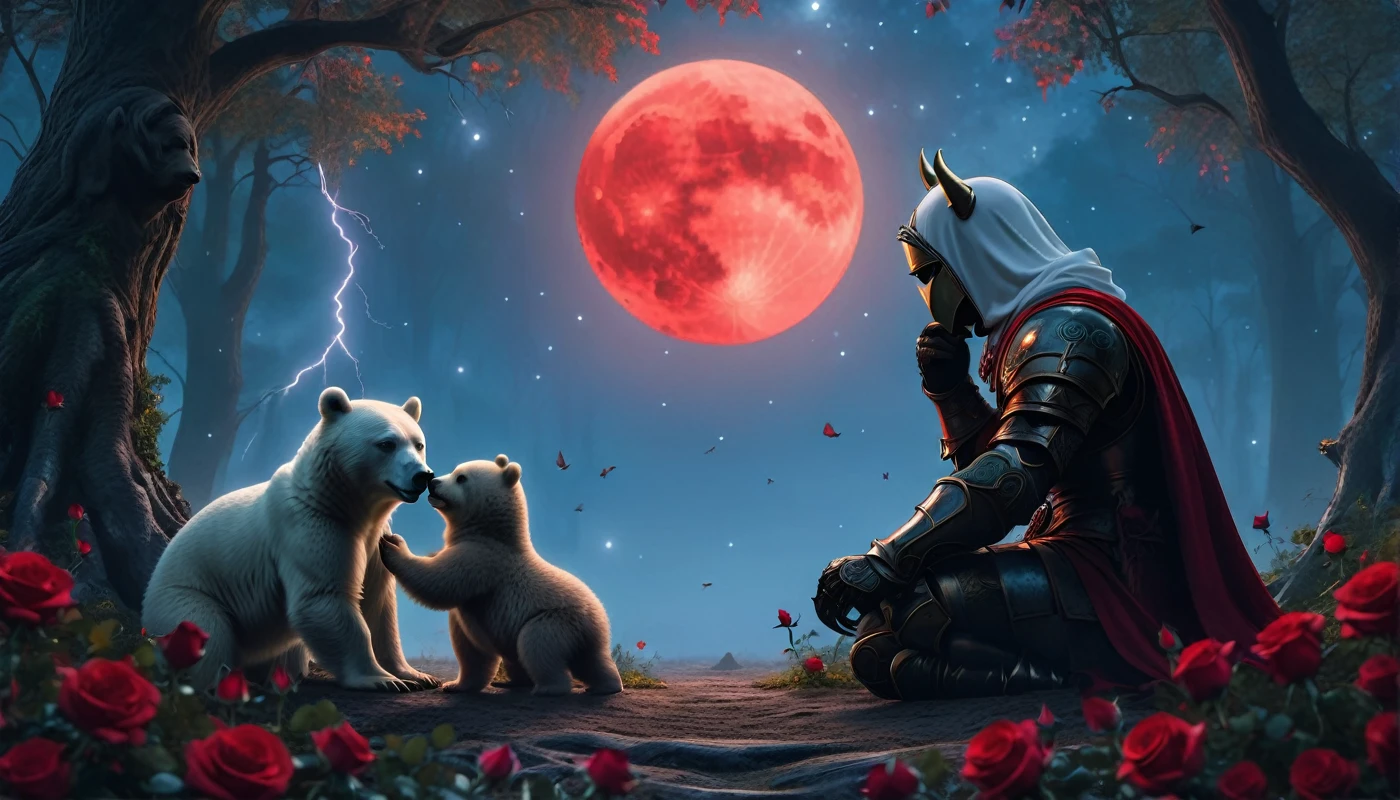 Male knight with a white hood with bear ears and a sword behind his back sits on the ground towards a baby polar bear and a baby brown bear in a forest while the moon shines, many Roses cover the ground and lightning falls from the sky. The baby polar bear plays with the baby brown bear while the knight enjoys watching them. Only the man wears a red blindfold. In the background of the picture is the blood moon and a tree has fallen down in the path. The forest is full of trees with leaves. The armor of the man is black and red roses decorate it. The sky is full of stars. The knight is thoughtfully touching his face.